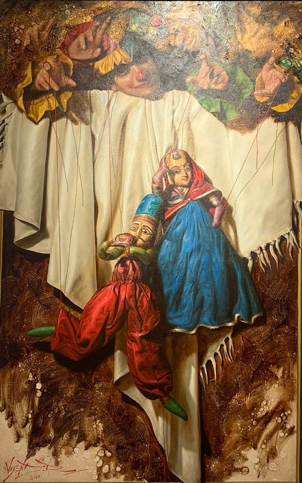 COSMIC CLOWN PLAYING WITH PUPPETS